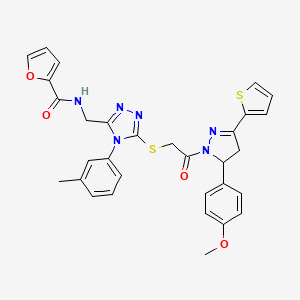 molecular formula C31H28N6O4S2 B2653062 N-[[5-[2-[3-(4-methoxyphenyl)-5-thiophen-2-yl-3,4-dihydropyrazol-2-yl]-2-oxoethyl]sulfanyl-4-(3-methylphenyl)-1,2,4-triazol-3-yl]methyl]furan-2-carboxamide CAS No. 393586-37-3
