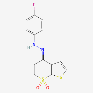 molecular formula C13H11FN2O2S2 B2653071 N-[(E)-(7,7-dioxo-5,6-dihydrothieno[2,3-b]thiopyran-4-ylidene)amino]-4-fluoroaniline CAS No. 478043-36-6