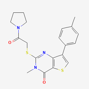 molecular formula C20H21N3O2S2 B2653086 3-甲基-2-((2-氧代-2-(吡咯烷-1-基)乙基)硫代)-7-(对甲苯基)噻吩并[3,2-d]嘧啶-4(3H)-酮 CAS No. 1111265-53-2