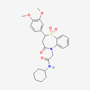 molecular formula C25H30N2O6S B2653087 N-cyclohexyl-2-(2-(3,4-dimethoxyphenyl)-1,1-dioxido-4-oxo-3,4-dihydrobenzo[b][1,4]thiazepin-5(2H)-yl)acetamide CAS No. 863452-54-4