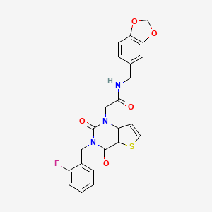 molecular formula C23H18FN3O5S B2653088 N-[(2H-1,3-benzodioxol-5-yl)methyl]-2-{3-[(2-fluorophenyl)methyl]-2,4-dioxo-1H,2H,3H,4H-thieno[3,2-d]pyrimidin-1-yl}acetamide CAS No. 1252913-55-5