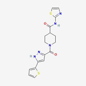 molecular formula C17H17N5O2S2 B2653107 N-(thiazol-2-yl)-1-(3-(thiophen-2-yl)-1H-pyrazole-5-carbonyl)piperidine-4-carboxamide CAS No. 1298062-42-6