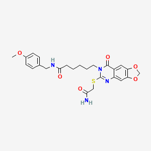 molecular formula C25H28N4O6S B2653115 6-[6-(2-氨基-2-氧代乙基)硫代-8-氧代-[1,3]二氧杂[4,5-g]喹唑啉-7-基]-N-[(4-甲氧苯基)甲基]己酰胺 CAS No. 688060-97-1