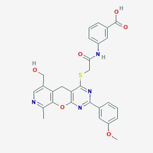 molecular formula C28H24N4O6S B2653118 3-(2-((6-(羟甲基)-2-(3-甲氧基苯基)-9-甲基-5H-吡啶并[4',3':5,6]吡喃并[2,3-d]嘧啶-4-基)硫代)乙酰胺基)苯甲酸 CAS No. 892381-72-5