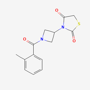 molecular formula C14H14N2O3S B2653123 3-(1-(2-甲基苯甲酰)氮杂环丁-3-基)噻唑烷-2,4-二酮 CAS No. 1798540-36-9
