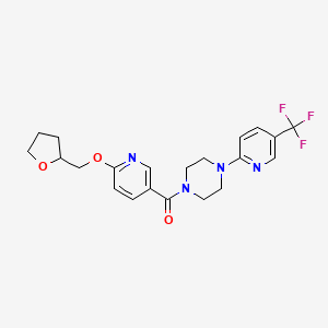 molecular formula C21H23F3N4O3 B2653176 (6-((Tetrahydrofuran-2-yl)methoxy)pyridin-3-yl)(4-(5-(trifluoromethyl)pyridin-2-yl)piperazin-1-yl)methanone CAS No. 2034237-79-9