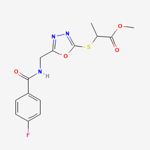 molecular formula C14H14FN3O4S B2653183 2-((5-((4-氟苯甲酰胺)甲基)-1,3,4-恶二唑-2-基)硫代)丙酸甲酯 CAS No. 920472-53-3