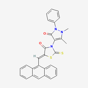 molecular formula C29H21N3O2S2 B2653225 (Z)-5-(anthracen-9-ylmethylene)-3-(1,5-dimethyl-3-oxo-2-phenyl-2,3-dihydro-1H-pyrazol-4-yl)-2-thioxothiazolidin-4-one CAS No. 307325-04-8