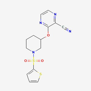 molecular formula C14H14N4O3S2 B2653256 3-((1-(Thiophen-2-ylsulfonyl)piperidin-3-yl)oxy)pyrazine-2-carbonitrile CAS No. 2034479-58-6