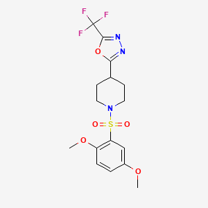 molecular formula C16H18F3N3O5S B2653259 2-(1-((2,5-Dimethoxyphenyl)sulfonyl)piperidin-4-yl)-5-(trifluoromethyl)-1,3,4-oxadiazole CAS No. 1705037-47-3