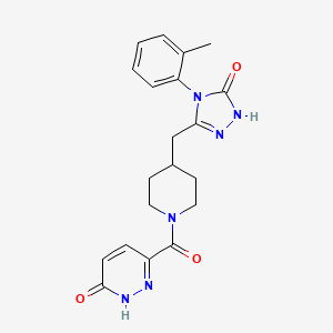 molecular formula C20H22N6O3 B2653269 6-(4-((5-oxo-4-(o-tolyl)-4,5-dihydro-1H-1,2,4-triazol-3-yl)methyl)piperidine-1-carbonyl)pyridazin-3(2H)-one CAS No. 2034364-46-8