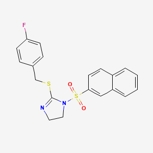 molecular formula C20H17FN2O2S2 B2653279 2-[(4-Fluorophenyl)methylsulfanyl]-1-naphthalen-2-ylsulfonyl-4,5-dihydroimidazole CAS No. 868216-91-5
