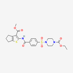 molecular formula C23H27N3O7S2 B2653318 ethyl 4-((4-((3-(methoxycarbonyl)-5,6-dihydro-4H-cyclopenta[b]thiophen-2-yl)carbamoyl)phenyl)sulfonyl)piperazine-1-carboxylate CAS No. 477570-76-6