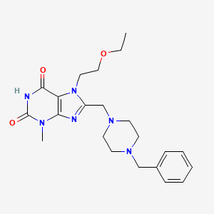 molecular formula C22H30N6O3 B2653327 8-[(4-Benzylpiperazin-1-yl)methyl]-7-(2-ethoxyethyl)-3-methylpurine-2,6-dione CAS No. 847409-30-7