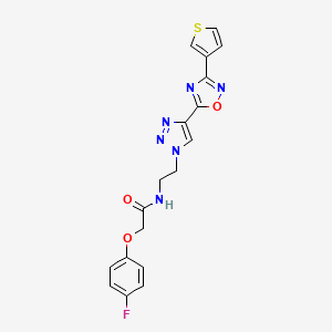 molecular formula C18H15FN6O3S B2653354 2-(4-fluorophenoxy)-N-(2-(4-(3-(thiophen-3-yl)-1,2,4-oxadiazol-5-yl)-1H-1,2,3-triazol-1-yl)ethyl)acetamide CAS No. 2034509-23-2