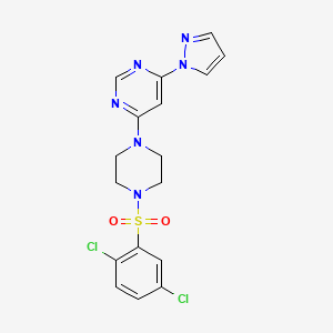 molecular formula C17H16Cl2N6O2S B2653356 4-(4-((2,5-dichlorophenyl)sulfonyl)piperazin-1-yl)-6-(1H-pyrazol-1-yl)pyrimidine CAS No. 1171672-11-9