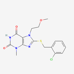 molecular formula C16H17ClN4O3S B2653382 8-((2-chlorobenzyl)thio)-7-(2-methoxyethyl)-3-methyl-1H-purine-2,6(3H,7H)-dione CAS No. 313470-49-4