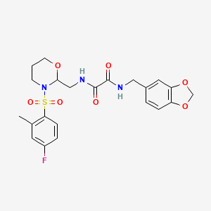 molecular formula C22H24FN3O7S B2653392 N1-(benzo[d][1,3]dioxol-5-ylmethyl)-N2-((3-((4-fluoro-2-methylphenyl)sulfonyl)-1,3-oxazinan-2-yl)methyl)oxalamide CAS No. 872987-21-8