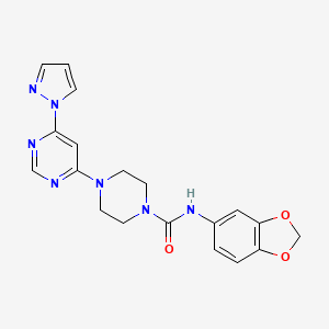 molecular formula C19H19N7O3 B2653394 4-(6-(1H-吡唑-1-基)嘧啶-4-基)-N-(苯并[d][1,3]二氧杂环-5-基)哌嗪-1-甲酰胺 CAS No. 1172453-30-3