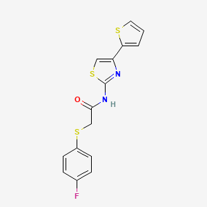 molecular formula C15H11FN2OS3 B2653395 2-((4-fluorophenyl)thio)-N-(4-(thiophen-2-yl)thiazol-2-yl)acetamide CAS No. 896342-37-3