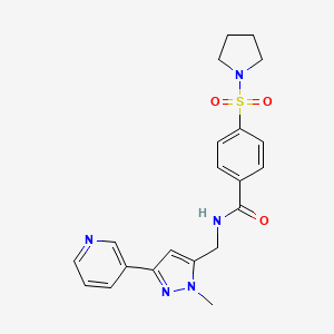molecular formula C21H23N5O3S B2653411 N-((1-methyl-3-(pyridin-3-yl)-1H-pyrazol-5-yl)methyl)-4-(pyrrolidin-1-ylsulfonyl)benzamide CAS No. 2034604-82-3