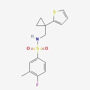 molecular formula C15H16FNO2S2 B2653435 4-氟-3-甲基-N-((1-(噻吩-2-基)环丙基)甲基)苯磺酰胺 CAS No. 1207042-43-0
