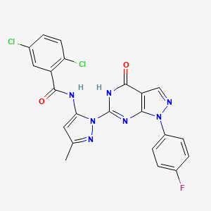 molecular formula C22H14Cl2FN7O2 B2653458 2,5-dichloro-N-(1-(1-(4-fluorophenyl)-4-oxo-4,5-dihydro-1H-pyrazolo[3,4-d]pyrimidin-6-yl)-3-methyl-1H-pyrazol-5-yl)benzamide CAS No. 1020488-21-4