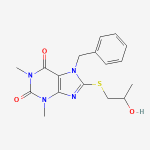molecular formula C17H20N4O3S B2653475 7-苄基-8-(2-羟基-丙基硫烷基)-1,3-二甲基-3,7-二氢-嘌呤-2,6-二酮 CAS No. 442864-61-1