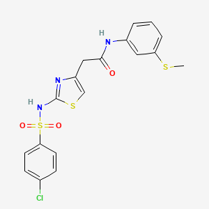 molecular formula C18H16ClN3O3S3 B2653477 2-(2-(4-chlorophenylsulfonamido)thiazol-4-yl)-N-(3-(methylthio)phenyl)acetamide CAS No. 922021-86-1