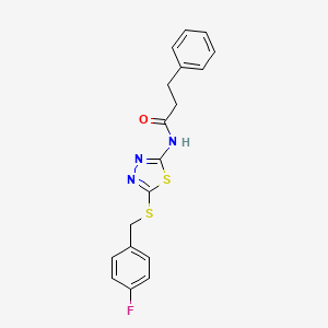 molecular formula C18H16FN3OS2 B2653499 N-(5-((4-fluorobenzyl)thio)-1,3,4-thiadiazol-2-yl)-3-phenylpropanamide CAS No. 477215-96-6