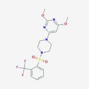 molecular formula C17H19F3N4O4S B2653594 2,4-Dimethoxy-6-(4-((2-(trifluoromethyl)phenyl)sulfonyl)piperazin-1-yl)pyrimidine CAS No. 1021039-53-1