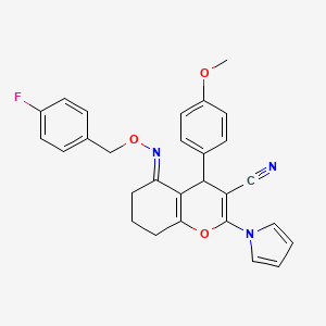 molecular formula C28H24FN3O3 B2653633 (5E)-5-{[(4-fluorophenyl)methoxy]imino}-4-(4-methoxyphenyl)-2-(1H-pyrrol-1-yl)-5,6,7,8-tetrahydro-4H-chromene-3-carbonitrile CAS No. 477854-14-1