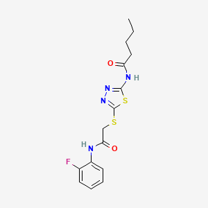molecular formula C15H17FN4O2S2 B2653635 N-(5-((2-((2-氟苯基)氨基)-2-氧代乙基)硫代)-1,3,4-噻二唑-2-基)戊酰胺 CAS No. 392298-00-9