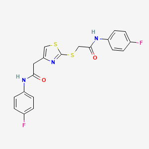 molecular formula C19H15F2N3O2S2 B2653646 N-(4-fluorophenyl)-2-((4-(2-((4-fluorophenyl)amino)-2-oxoethyl)thiazol-2-yl)thio)acetamide CAS No. 941980-68-3