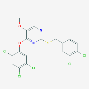 molecular formula C18H11Cl5N2O2S B2653660 2-[(3,4-Dichlorobenzyl)sulfanyl]-5-methoxy-4-(2,4,5-trichlorophenoxy)pyrimidine CAS No. 339276-17-4