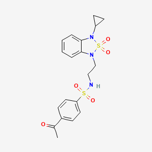 B2653692 4-acetyl-N-[2-(3-cyclopropyl-2,2-dioxo-1,3-dihydro-2lambda6,1,3-benzothiadiazol-1-yl)ethyl]benzene-1-sulfonamide CAS No. 2097904-21-5