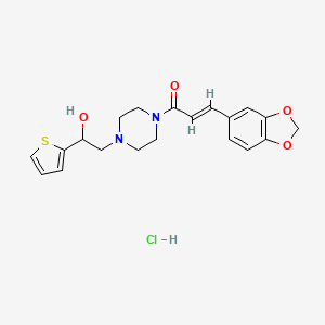 molecular formula C20H23ClN2O4S B2653745 (E)-3-(benzo[d][1,3]dioxol-5-yl)-1-(4-(2-hydroxy-2-(thiophen-2-yl)ethyl)piperazin-1-yl)prop-2-en-1-one hydrochloride CAS No. 1351664-20-4