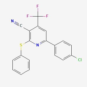 molecular formula C19H10ClF3N2S B2653757 6-(4-Chlorophenyl)-2-(phenylsulfanyl)-4-(trifluoromethyl)nicotinonitrile CAS No. 338963-44-3