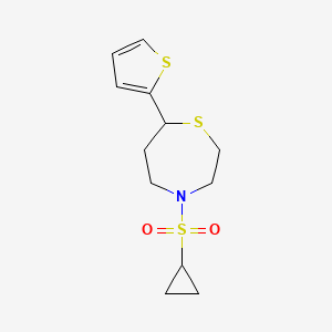 molecular formula C12H17NO2S3 B2653816 4-(Cyclopropylsulfonyl)-7-(thiophen-2-yl)-1,4-thiazepane CAS No. 1705102-01-7