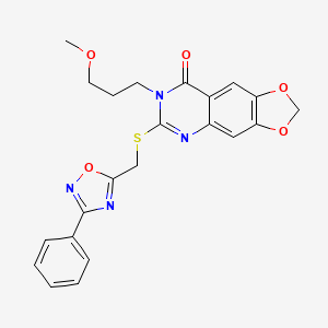molecular formula C22H20N4O5S B2653822 7-(3-methoxypropyl)-6-{[(3-phenyl-1,2,4-oxadiazol-5-yl)methyl]thio}[1,3]dioxolo[4,5-g]quinazolin-8(7H)-one CAS No. 1029793-84-7