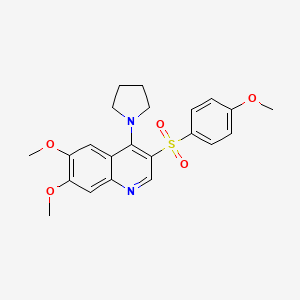 molecular formula C22H24N2O5S B2653865 6,7-Dimethoxy-3-((4-methoxyphenyl)sulfonyl)-4-(pyrrolidin-1-yl)quinoline CAS No. 895650-82-5