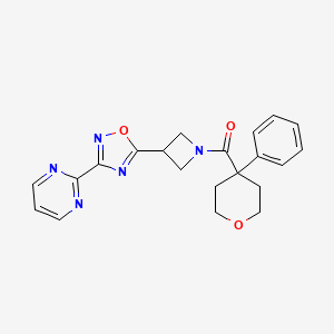molecular formula C21H21N5O3 B2653869 (4-苯基四氢-2H-吡喃-4-基)(3-(3-(嘧啶-2-基)-1,2,4-恶二唑-5-基)氮杂环丁-1-基)甲苯酮 CAS No. 1331269-37-4