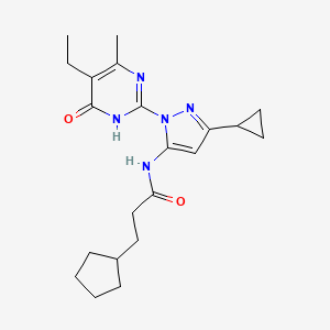 molecular formula C21H29N5O2 B2653875 3-cyclopentyl-N-(3-cyclopropyl-1-(5-ethyl-4-methyl-6-oxo-1,6-dihydropyrimidin-2-yl)-1H-pyrazol-5-yl)propanamide CAS No. 1207019-33-7
