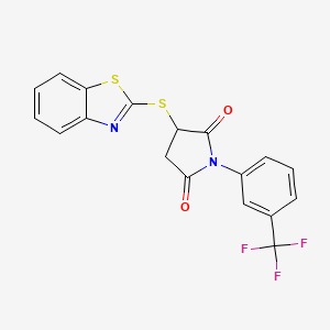 molecular formula C18H11F3N2O2S2 B2653914 3-Benzothiazol-2-ylthio-1-[3-(trifluoromethyl)phenyl]azolidine-2,5-dione CAS No. 887200-10-4