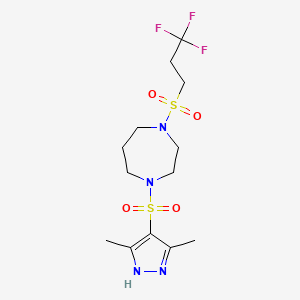 molecular formula C13H21F3N4O4S2 B2653918 1-((3,5-二甲基-1H-吡唑-4-基)磺酰基)-4-((3,3,3-三氟丙基)磺酰基)-1,4-二氮杂环戊烷 CAS No. 2034201-83-5