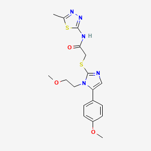 molecular formula C18H21N5O3S2 B2654073 2-((1-(2-methoxyethyl)-5-(4-methoxyphenyl)-1H-imidazol-2-yl)thio)-N-(5-methyl-1,3,4-thiadiazol-2-yl)acetamide CAS No. 1207036-42-7
