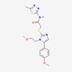 molecular formula C18H21N5O3S2 B2654073 2-((1-(2-甲氧基乙基)-5-(4-甲氧基苯基)-1H-咪唑-2-基)硫代)-N-(5-甲基-1,3,4-噻二唑-2-基)乙酰胺 CAS No. 1207036-42-7