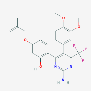 molecular formula C23H22F3N3O4 B2654085 2-[2-Amino-5-(3,4-dimethoxyphenyl)-6-(trifluoromethyl)pyrimidin-4-yl]-5-[(2-methylprop-2-en-1-yl)oxy]phenol CAS No. 904010-89-5