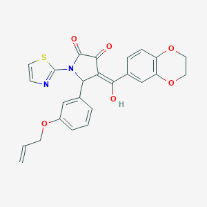 molecular formula C25H20N2O6S B265410 (4E)-4-[2,3-dihydro-1,4-benzodioxin-6-yl(hydroxy)methylidene]-5-[3-(prop-2-en-1-yloxy)phenyl]-1-(1,3-thiazol-2-yl)pyrrolidine-2,3-dione 