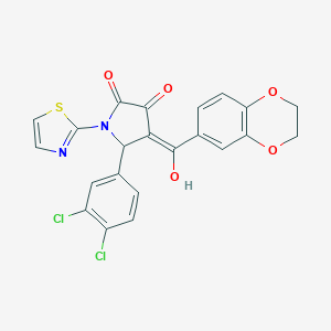 molecular formula C22H14Cl2N2O5S B265411 (4E)-5-(3,4-dichlorophenyl)-4-[2,3-dihydro-1,4-benzodioxin-6-yl(hydroxy)methylidene]-1-(1,3-thiazol-2-yl)pyrrolidine-2,3-dione 